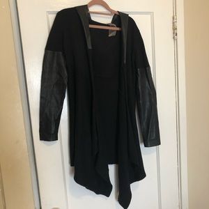 Long waterfall sweater with leather sleeves & hood